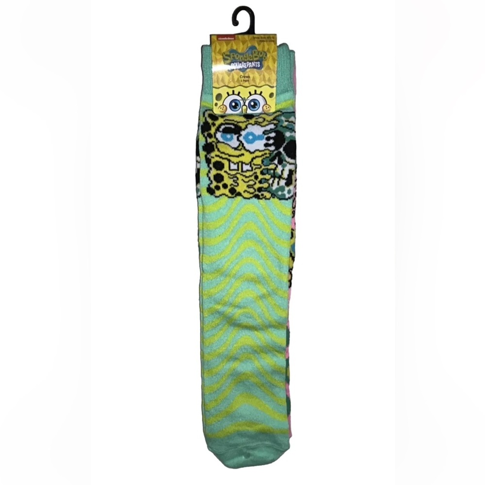 SpongeBob & Patrick Crew Socks 2 Pair Men's 6.5-12 Green Yellow Pink SquarePants